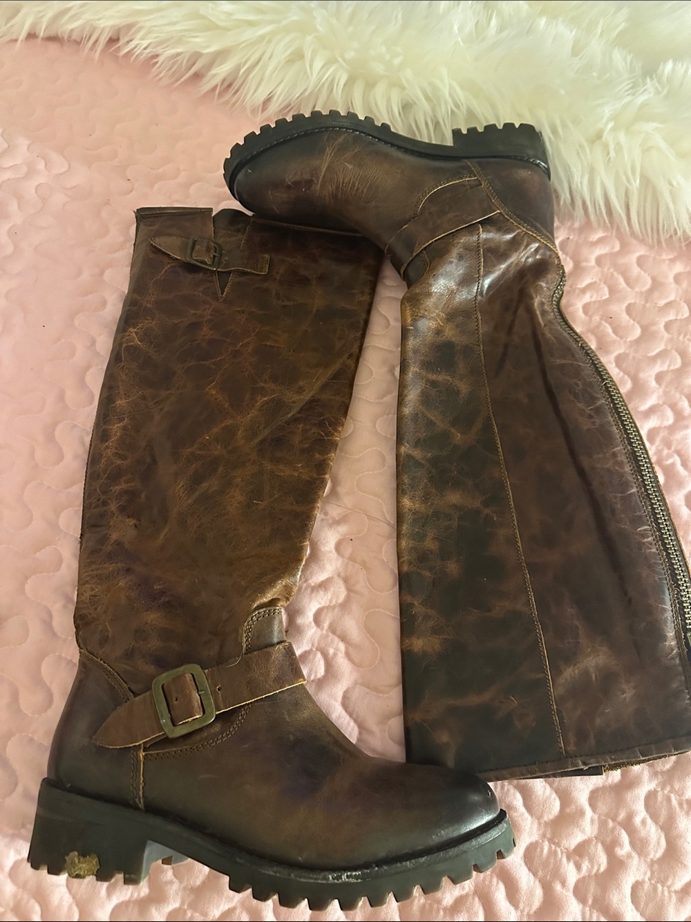 Brown FREEBIRD  Distressed Leather Lug Sole Knee-High Boots